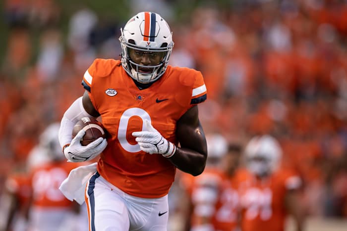 Sep 4, 2021; Charlottesville, Virginia, USA; Virginia Cavaliers tight end Jelani Woods (0) warms up before the game against William & Mary Tribe at Scott Stadium.